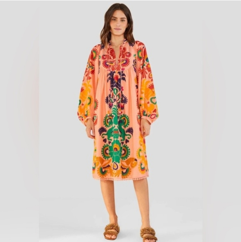 FARM Rio Peach Amulet Cotton Midi-Dress Size Medium